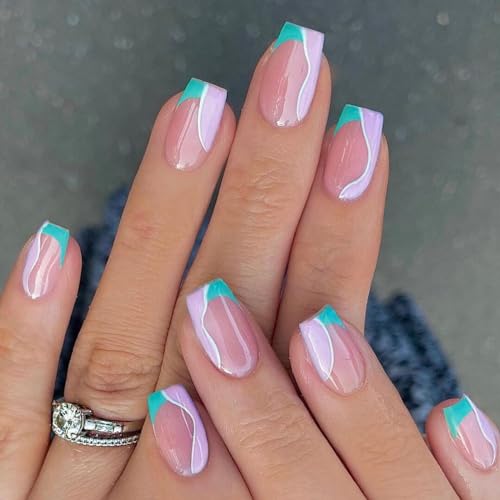 Square Press on Nails Short Fake Nails for Women French Tip with Pink Blue Line Curved Design, Full Cover Acrylic Nails Artificial Reusable Glue on Nails, Stick on Nails for Girls Manicure 24Pcs