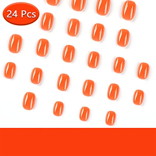 Square Press on Nails Short Fake Nails Full Cover Glue on Nails Glossy Heatwave Orange Acrylic Nails 24 Pcs 12 Size Press-On Spring Summer Fake False Gel Nails Manicure Set for Women Girls,• Savanna • - Image 2