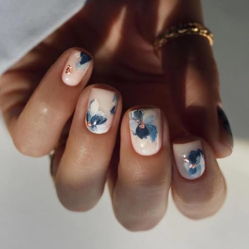 Square Press on Nails Short Fake Nails White False Nails with Purple Flower Design Glue on Nails Full Cover Acrylic Nails Press ons Reusable Artificial Stick on Nails for Women Manicure 24Pcs