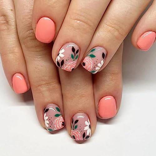 Square Press on Nails Short False Nails Full Cover Pink Nude Artificial Nails with Floral Designs Fake Nails Young Girls Gentle Reusable Acrylic Nails for Summer Holiday Stick on Nails 24pcs