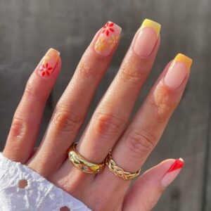 Square Short Fake Nails Acrylic Press on Nails Full Cover Glossy False Nails with Red Yellow French Tips Flower Pattern Designs Nude Pink Nails Artificial Stick Glue on Nails for Women and Girls 24Pcs