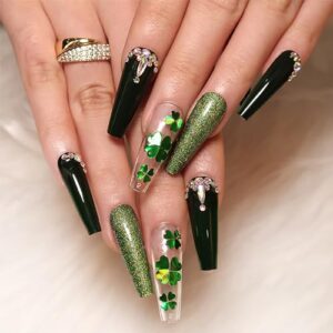 24 Pcs St. Patrick's Day Long Coffin Green Glitter Rhinestone Press on Nails