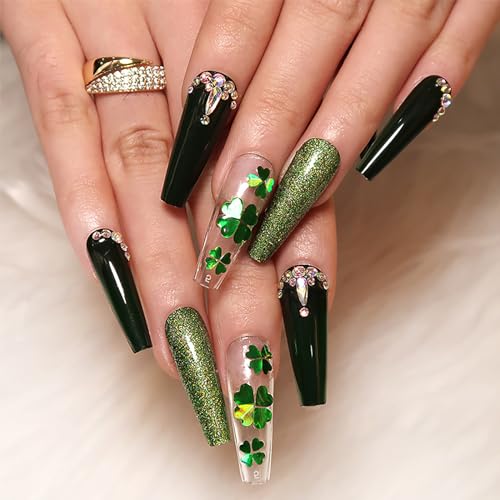 24 Pcs St. Patrick's Day Long Coffin Green Glitter Rhinestone Press on Nails