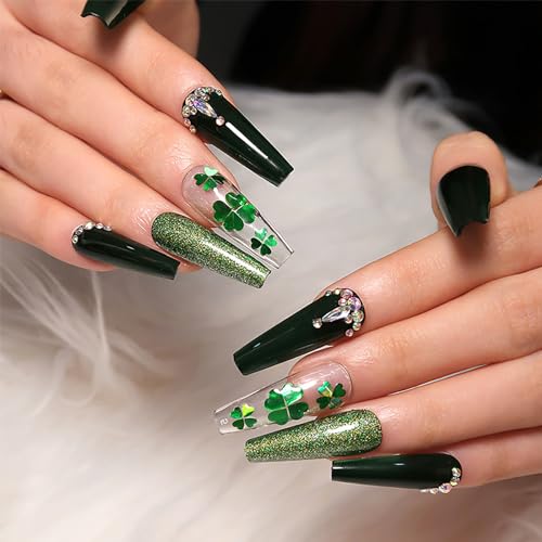 24 Pcs St. Patrick's Day Long Coffin Green Glitter Rhinestone Press on Nails - Image 5