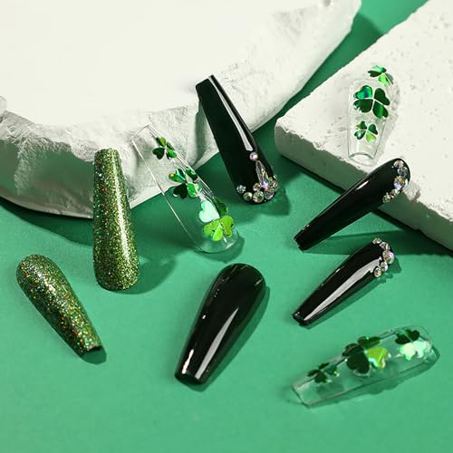 24 Pcs St. Patrick's Day Long Coffin Green Glitter Rhinestone Press on Nails - Image 3