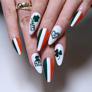 St. Patrick's Day Press on Nails Short Almond, Fake Nails for St. Patrick's Day Gift, False Nail Kits with Lucky Clover Shamrocks Irish Leprechaun Design Fake Nails Gel Stick on Nails Sets for Women
