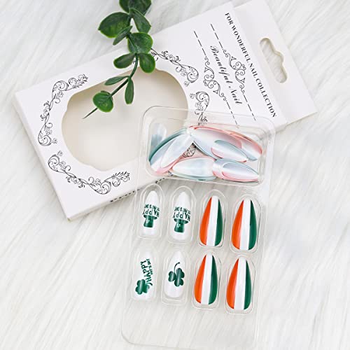 St. Patrick's Day Press on Nails Short Almond, Fake Nails for St. Patrick's Day Gift, False Nail Kits with Lucky Clover Shamrocks Irish Leprechaun Design Fake Nails Gel Stick on Nails Sets for Women - Image 7
