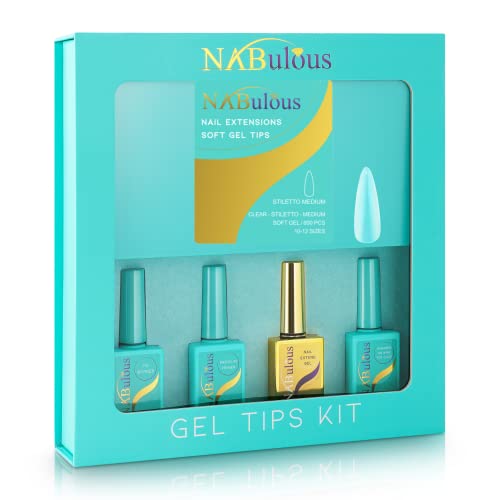 Starter Kit Stiletto Medium | Perfect Soft Gel Intro Kits |NABulous | Stiletto Shaped | Medium Length | Clear Full Cover Nail Tips Quick & Easy Gel Kit, Salon Quality At-Home Gel Kit (Stiletto Medium)