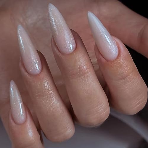 Stiletto Press on Nails Long Fake Nails Aurora with Glitter Design Pink Acrylic Full Cover False Nails Artificial Nails Glossy Glue on Nails Stick on Nails for Women Girls Manicure Art 24Pcs