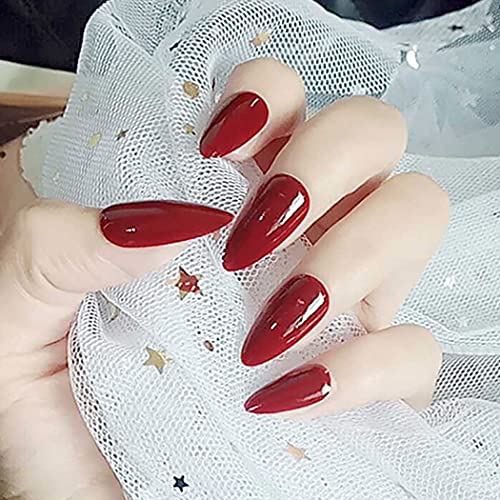 Stiletto Press on Nails Wine Red Fake Nails Long Design Nails Full Cover Acrylic Clip on Nails Tips Pointed Sharp False Nails Wear Instant Finger Manicure for Women and Girls 24pcs (Wine Red)