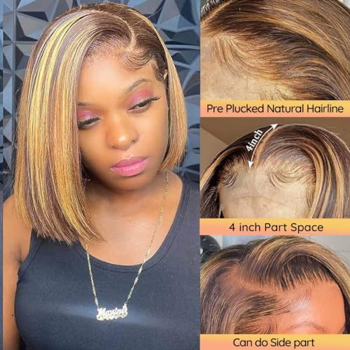 Straight Bob Wig Human Hair 13x4 Frontal Lace Wig Ombre Bob Wig Human Hair For Black Women Blunt Cut Bob Wig Human Hair Lace Front glueless bob wig 180 Density (14 Inch) - Image 2