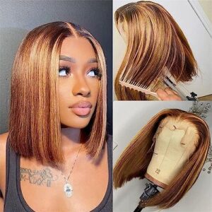 Straight Bob Wig Human Hair 13x4 Frontal Lace Wig Ombre Bob Wig Human Hair For Black Women Blunt Cut Bob Wig Human Hair Lace Front glueless bob wig 180 Density (14 Inch)