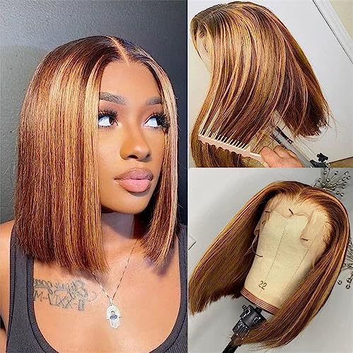 Straight Bob Wig Human Hair 13x4 Frontal Lace Wig Ombre Bob Wig Human Hair For Black Women Blunt Cut Bob Wig Human Hair Lace Front glueless bob wig 180 Density (14 Inch)