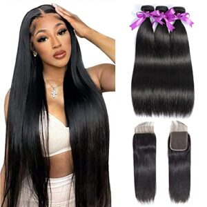 Straight Bundles with Closure Human Hair 20 22 24+18 Brazilian Human Hair Bundles with Closure Straight 100% Unprocessed Virgin Weave Hair Bundles with Closure 10A Bundles Human Hair with Lace Closure