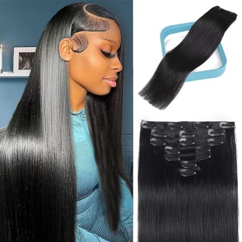 Straight Clip in Hair Extensions Real Human Hair 100% Remy Virgin Human Hair Clip ins Extensions Clip-in Hair Extensions for Women Double Weft Soft Hair No Tangles (18 Inch #1 Jet Black)