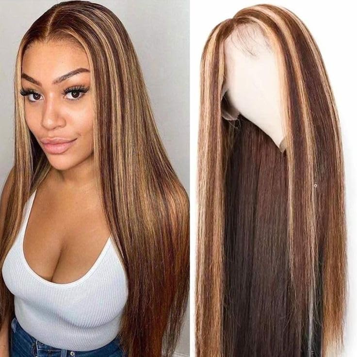 Straight Highlight Ombre Lace Front Wigs Human Hair 13x4 HD Transparent 4/27 Honey Blonde Lace Frontal Wigs Pre Plucked with Baby Hair 150% Density (22 inch, p4/27 Highlight)