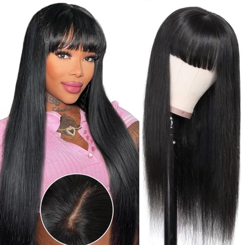 Straight Human Hair Wigs with Bangs Pre Bleached Bye Bye Knots Glueless 2x4 HD Lace Closure Wig for Beginners Women Glueless 180 Density 100% Brazilian Human Hair 20 Inch