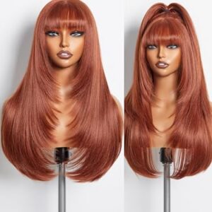 Straight Layered Wigs with Bangs Glueless Ginger Orange Wig 22 Inch Put On Go Wigs Crafted with Style-Archive™ Technology: Fiber & Remy Human Hair Blended with Natural Pre-Plucked Hairline