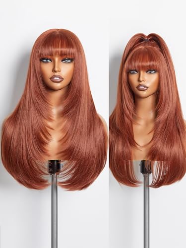 Straight Layered Wigs with Bangs Glueless Ginger Orange Wig 22 Inch Put On Go Wigs Crafted with Style-Archive™ Technology: Fiber & Remy Human Hair Blended with Natural Pre-Plucked Hairline
