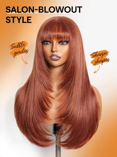 Straight Layered Wigs with Bangs Glueless Ginger Orange Wig 22 Inch Put On Go Wigs Crafted with Style-Archive™ Technology: Fiber & Remy Human Hair Blended with Natural Pre-Plucked Hairline - Image 6