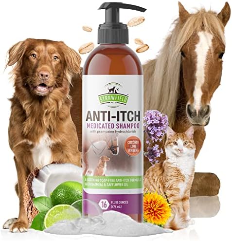 Strawfield Pets' Anti-Itch Hypoallergenic Medicated Dog Shampoo + Pramoxine for Dogs Cats & Horses for Allergies & Dry Itchy Sensitive Skin Relief 16 Fl. Oz / 474 ml