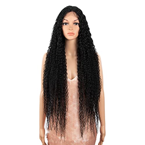 Style Icon 38” Long Curly Wig Lace Front Wigs Synthetic Wigs with Baby Hair Half Hand Tied 130% Density Hair Replacement Wigs (38", 1B)