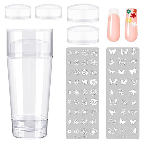 Subay French Nail Stamper, Nail Stamper Kit - 2pcs Nail Art Stamper, Nail Scraper, 2pcs Nail Stamping Plate, 4pcs Replaceable Silicone Jelly Heads for Gel Manicure Home Salon Nail Art DIY