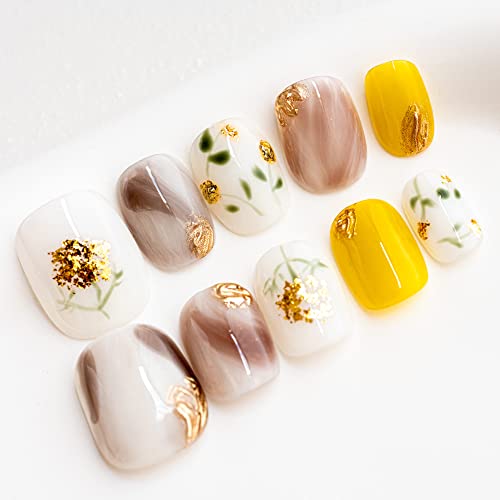 Sun&Beam Handmade Short Round Press On Nails with Golden Flowers - 10 Piece Set
