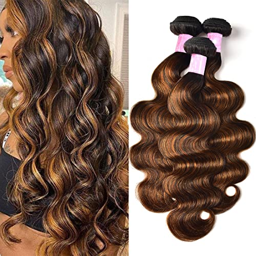 Sunber 12A Ombre Body Wave Human Hair 3 Bundles 100% Brazilian Virgin Human Hair Extensions Brown Highlight Body Wavy Weaves (16 18 20) Inch Piano Color Two Tone FB30 Color