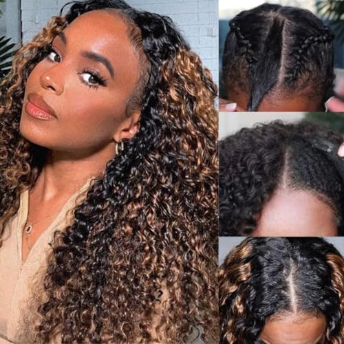 Sunber Curly Human Hair Lace Front Wig Ombre Highlight #FB30 V Part Curly Human Hair Wig Glueless None Lace Brown Highlight Curly No Sew in Half Wig 180% Density 12A Brazilian Virgin Hair 16Inch