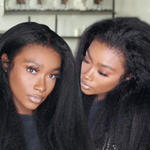 Sunber Straight Human Hair Wig 4C Kinky Edge Yaki Straight Skin Melt 13x4 Lace Front Human Hair Wigs 12A Remy Hair Pre Plucked With Native Baby Hair Kinky Straight Wigs 180% Density 20Inch