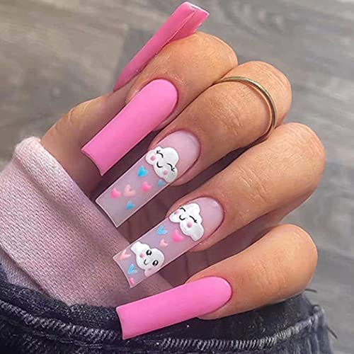 Super Long Matte Pink Cloud Coffin Ballerina Press on Nails 24 Piece Set