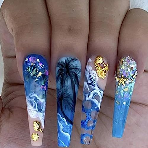 Super Long Press on Nails Coffin Fake Nails Summer Light Blue Nails Press on False Nails with Glitter 3D Gold Sea Ocean Wave Coconut Tree Shell Conch Design for Women Girls DIY Nail Charms Decorations - Image 5