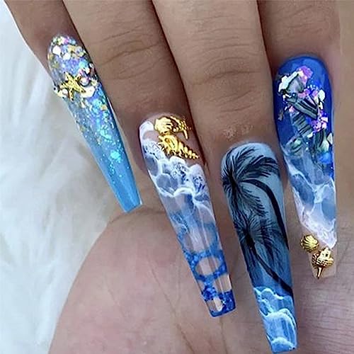 Super Long Press on Nails Coffin Fake Nails Summer Light Blue Nails Press on False Nails with Glitter 3D Gold Sea Ocean Wave Coconut Tree Shell Conch Design for Women Girls DIY Nail Charms Decorations - Image 3