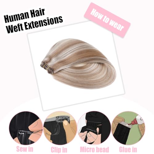 SURNEL Human Hair Weft Extensions 14 inch Double Weft Sew in Hair Extensions Weave Human Hair Color 8P60 Highlighted Hair Bundles 80G(#8P60,14) - Image 5