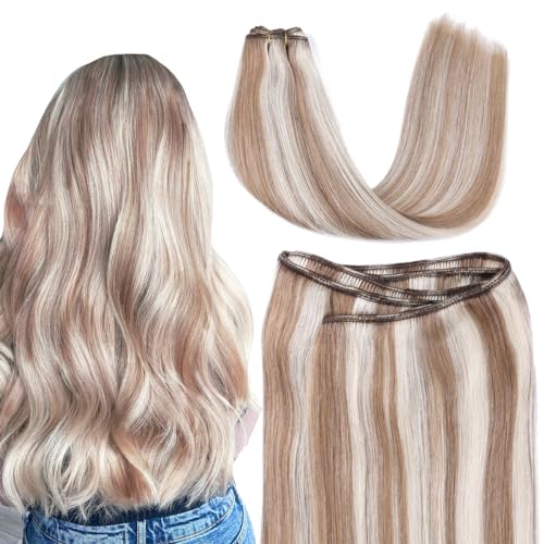 SURNEL Human Hair Weft Extensions 14 inch Double Weft Sew in Hair Extensions Weave Human Hair Color 8P60 Highlighted Hair Bundles 80G(#8P60,14)