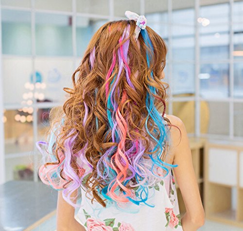 SWACC 22 Pcs Colored Party Highlights Clip on in Hair Extensions Multi-Colors Hair Streak Synthetic Hairpieces (11 Colors 22 Pcs in Set -Curly Wavy) - Image 7