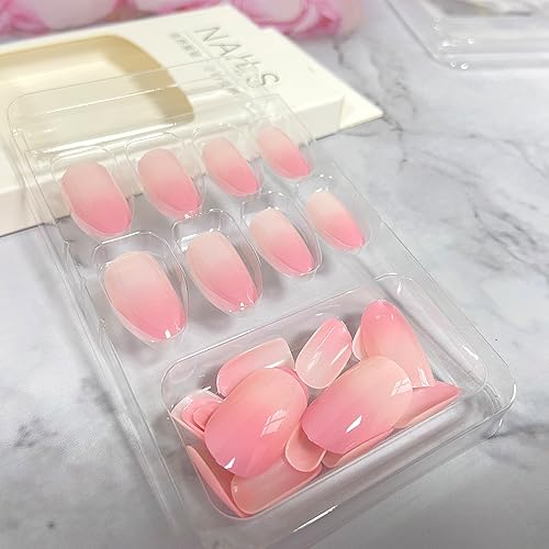 Sweet Pink Gradient Medium Oval Glossy Reusable Press on Nails Set - Image 4