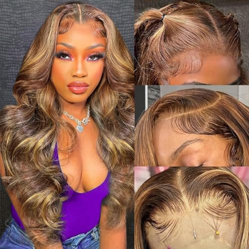 SWEETGIRL 24 Inch Honey Blonde Ombre Body Wave Lace Front Wig 13x6 180 Density