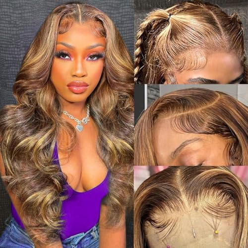 SWEETGIRL Highlight Ombre Lace Front Wig Human Hair Body Wave 13x6 HD Lace Front Wigs Pre Plucked 4/27 Honey Blonde Lace Frontal Human Hair Wigs for Women 180 Density 20 Inch