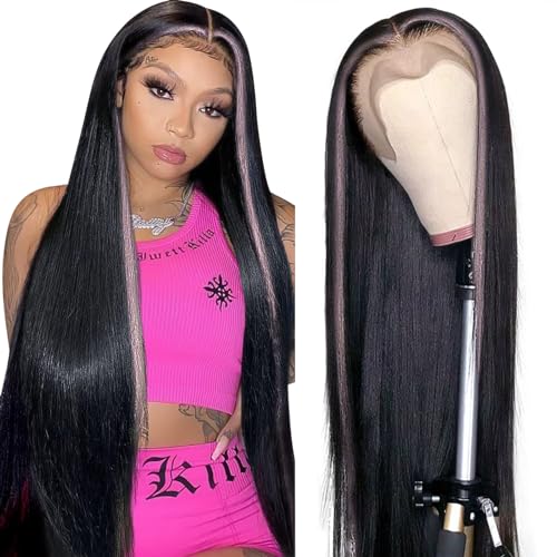 Synthetic Lace Front Wig Straight Hair Glueless Lace Wigs Synthetic Long Natural Wig Heat Resistant Fiber Highlight Pink Wigs for Black Women 40 Inch