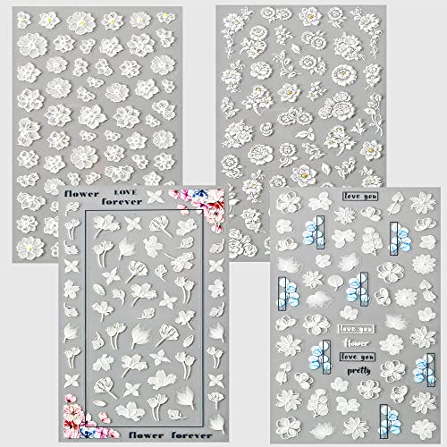 TailaiMei 4 Sheets Flower Nail Art Stickers 5D Exquisite Embossed Nail Decals, Self-Adhesive Carving Design Daisy Rose Nail Decoration for Women DIY - Image 2