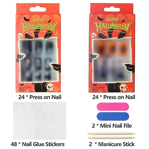 TailaiMei 48Pcs Halloween Press on Nails Short Square Fake Nails with Self-Adhesive Jelly Nail Glue Tabs, Ghost, Spider Web Artificial Nails Acrylic Full Cover Nail False Fingernails for Women (White) - Image 9