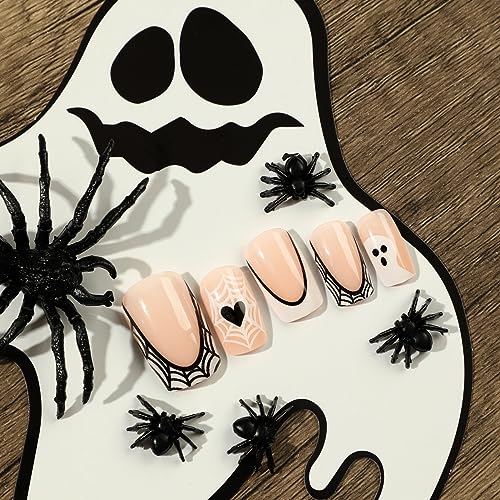 TailaiMei 48Pcs Halloween Press on Nails Short Square Fake Nails with Self-Adhesive Jelly Nail Glue Tabs, Ghost, Spider Web Artificial Nails Acrylic Full Cover Nail False Fingernails for Women (White) - Image 6