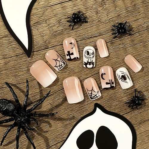 TailaiMei 48Pcs Halloween Press on Nails Short Square Fake Nails with Self-Adhesive Jelly Nail Glue Tabs, Ghost, Spider Web Artificial Nails Acrylic Full Cover Nail False Fingernails for Women (White) - Image 3