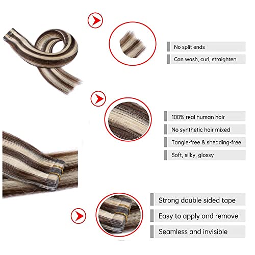 Tape in Hair Extensions Human Hair 16 inch 30g 20 pcs/pack Dark Brown to Blonde Natural Weft Tape on Real Hair Extensions Silky Straight Highlight Seamless Glue in Brazilian Human Hair Extensions - Image 3