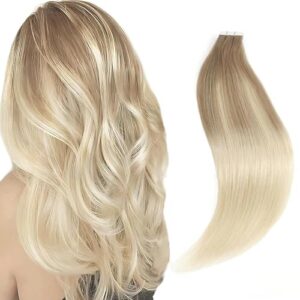 Premium Balayage Blonde Tape In Human Hair Extensions 18 Inch Silky Straight