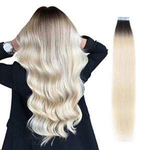 Tape in Hair Extensions Human Hair Ombre Dark Brown Roots to Platinum Blonde, 14 Inch 40 Gram Real Remy Seamless Straight, 2/60