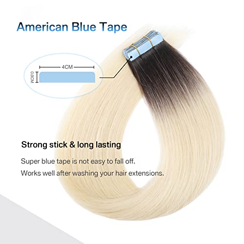 Tape in Hair Extensions Human Hair Ombre Dark Brown Roots to Platinum Blonde, 14 Inch 40 Gram Real Remy Seamless Straight, 2/60 - Image 5
