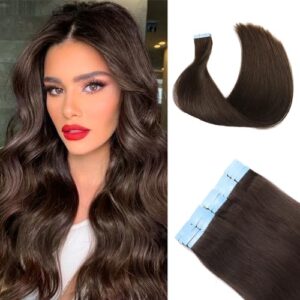Tape in Hair Extensions Human Hair Straight Real Human Hair Extensions Seamless Hair Tape in Extensions 20Pieces 50Grams（Dark Brown 16Inch）